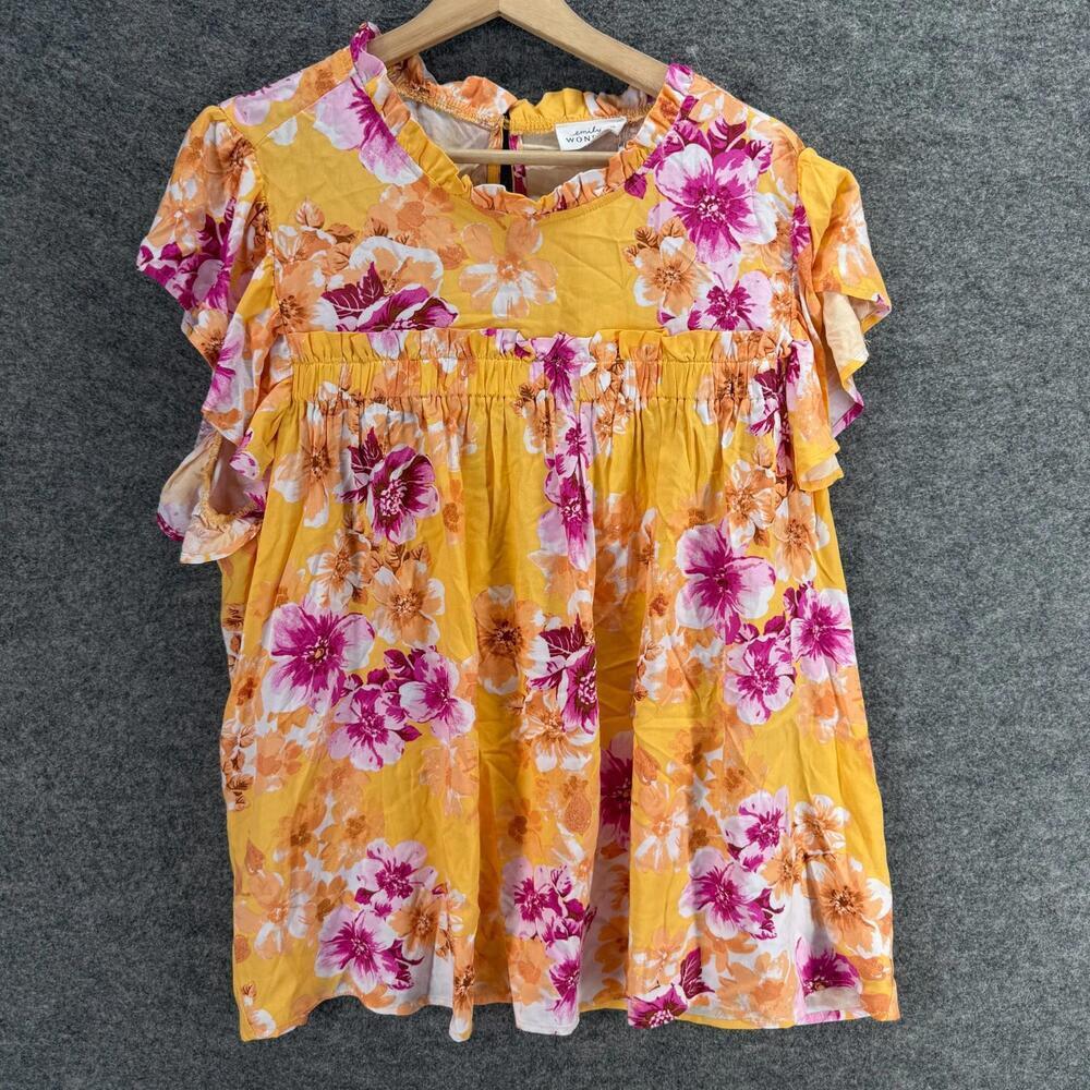 New Emily Wonder Blouse Women 2X Plus Yellow Floral Short Sleeve Hook & Eye